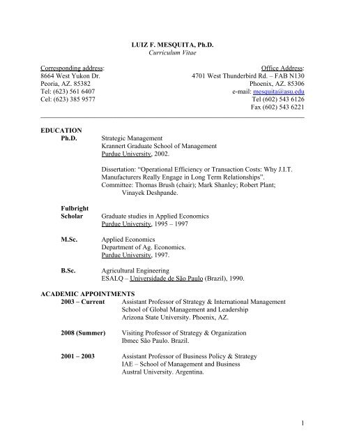 LUIZ F. MESQUITA, Ph.D. Curriculum Vitae - Arizona State ...