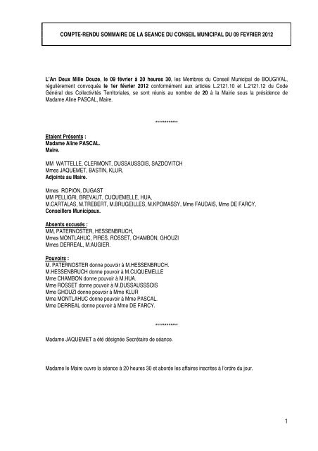 COMPTE-RENDU SOMMAIRE DE LA SEANCE DU CONSEIL ...