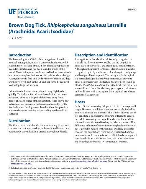 Brown Dog Tick, Rhipicephalus sanguineus Latreille - EDIS ...