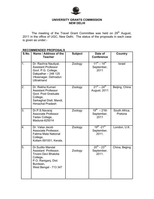 List of Recommended Proposals - UGC