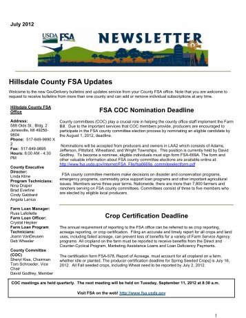 Hillsdale County FSA Updates - USDA Farm Service Agency