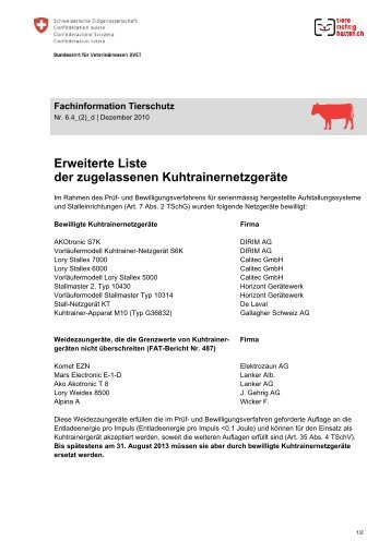 Erweiterte Liste der zugelassenen Kuhtrainernetzgeräte - Agrigate.ch