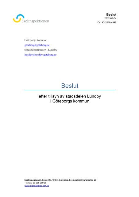 Skolinspektionens beslut om stadsdelen Lundby i Göteborgs kommun