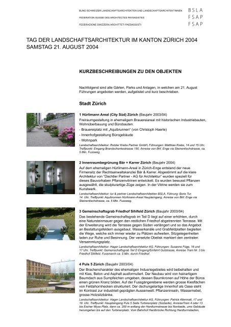 bslafsapfsap tag der landschaftsarchitektur im kanton zürich 2004 ...