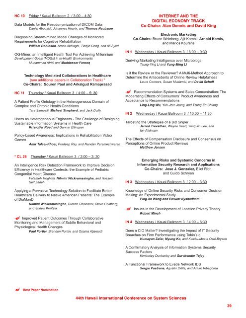 HICSS-44 SCHEDULE OF PAPER PRESENTATIONS January 4-7 ...