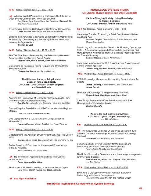 HICSS-44 SCHEDULE OF PAPER PRESENTATIONS January 4-7 ...