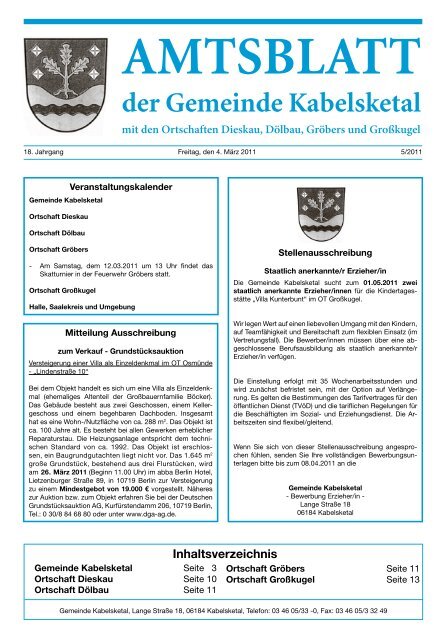 der Gemeinde Kabelsketal - Einheitsgemeinde Kabelsketal