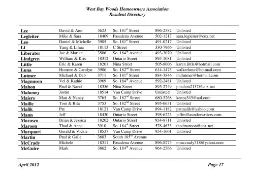 West Bay Woods Homeowners Association Resident Directory April ...