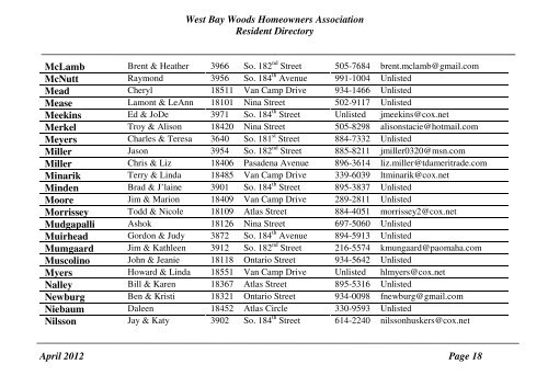 West Bay Woods Homeowners Association Resident Directory April ...