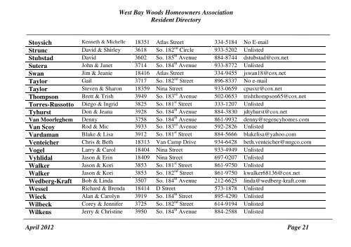 West Bay Woods Homeowners Association Resident Directory April ...
