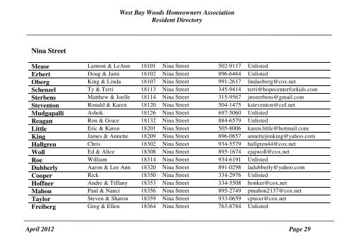 West Bay Woods Homeowners Association Resident Directory April ...