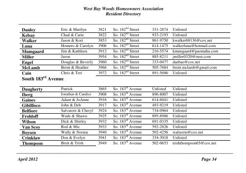 West Bay Woods Homeowners Association Resident Directory April ...