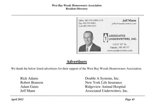 West Bay Woods Homeowners Association Resident Directory April ...