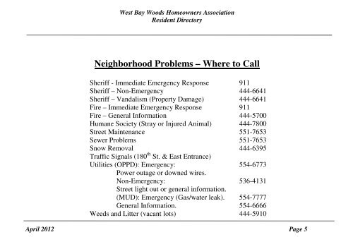 West Bay Woods Homeowners Association Resident Directory April ...