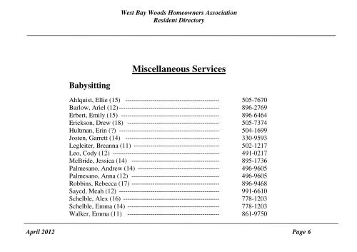 West Bay Woods Homeowners Association Resident Directory April ...
