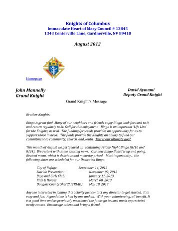 August - Knights of Columbus Council 12845 Gardnerville