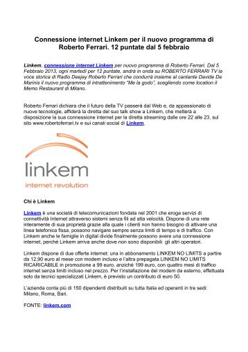 Linkem fornisce la Connessione Internet per il nuovo Programma di Roberto Ferrari