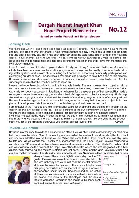 Dargah Hazrat Inayat Khan Hope Project Newsletter