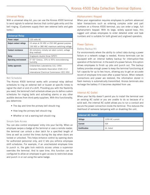 Kronos 4500 Data Collection Terminal Options Datasheet