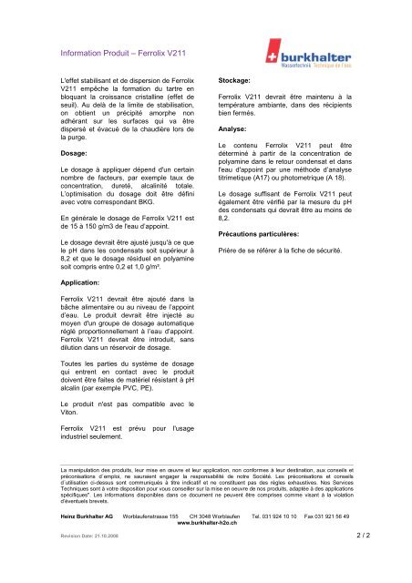 Ferrolix V211 Inhibiteur de corrosion tout-organique ... - Burkhalter AG