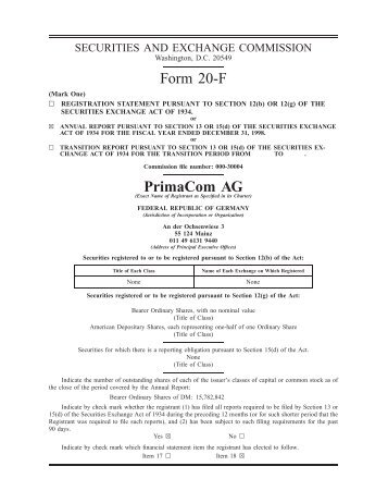 Form 20-F PrimaCom AG