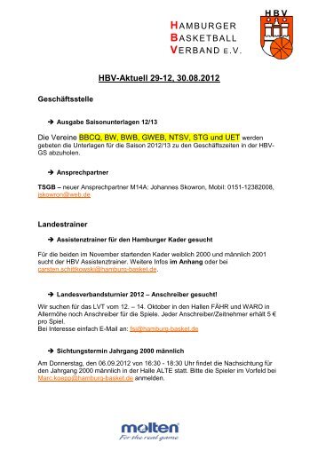 HBV-Aktuell 29-12, 30.08.2012 - Hamburger Basketball Verband eV