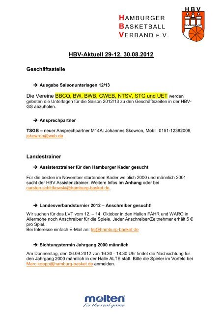HBV-Aktuell 29-12, 30.08.2012 - Hamburger Basketball Verband eV