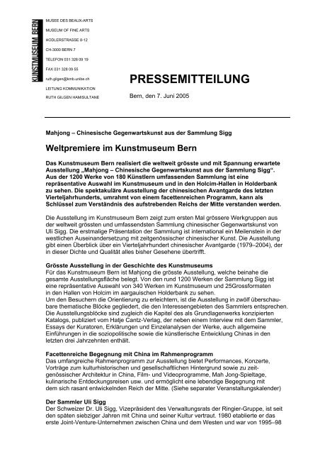 Medienmitteilung Mahjong (pdf) - Kunstmuseum Bern