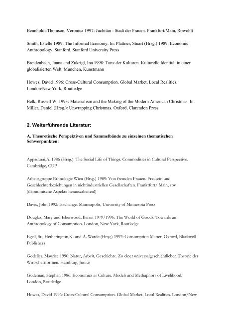Literaturliste Wirtschaftsethnologie: Literatur zu den Sitzungen