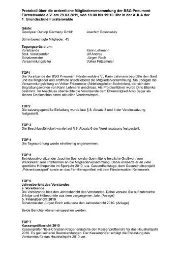 Protokoll MV 2011 - BSG Pneumant Fürstenwalde eV