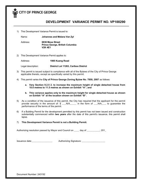 Development Variance Permit No. VP100290 - City of Prince George