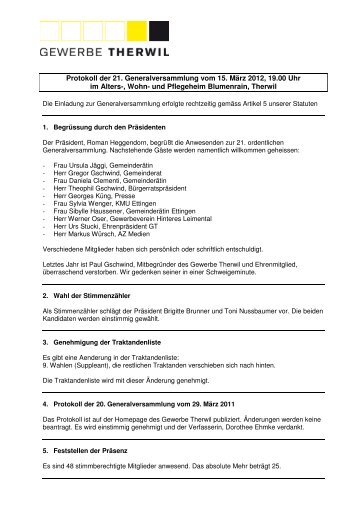 Protokoll der 21. Generalversammlung vom 15 ... - Gewerbe Therwil