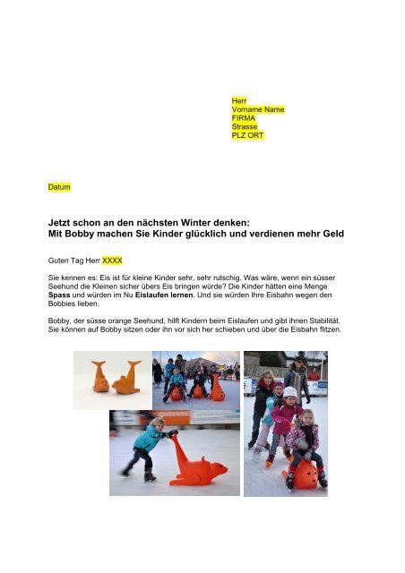 Sportprojekt - Werbebrief Eislaufhilfe - Marketing auf Zeit