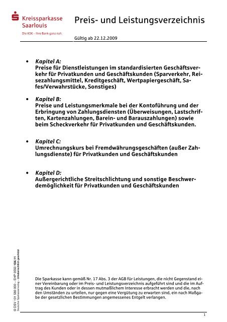 Preis- und Leistungsverzeichnis - Kreissparkasse Saarlouis