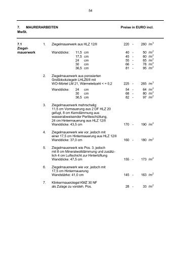 54 7. MAURERARBEITEN Preise in EURO incl. MwSt. 7.1 1 ...