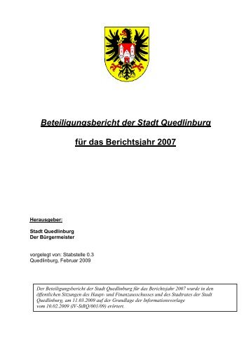 Beteiligungsbericht der Stadt Quedlinburg für das Berichtsjahr 2007