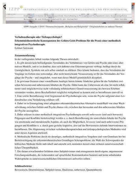 Verhaltenstherapie oder Tiefenpsychologie? Erkenntnistheoretische ...