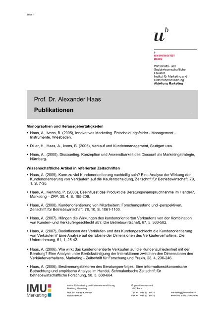 Prof. Dr. Haas - Publikationen (pdf, 59KB) - IMU - Marketing