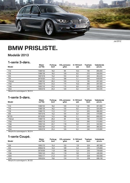 Prisliste BMW modelprogram 2013 manuelt gear (pdf)