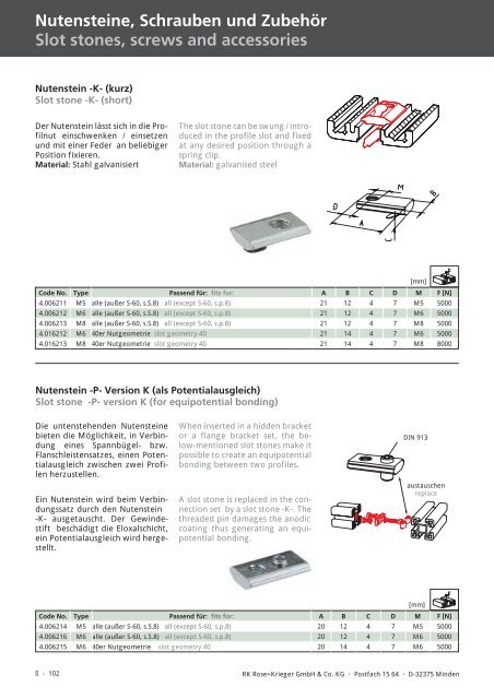 Nutensteine, Schrauben und Zubehör Slot stones, screws ... - Aratron