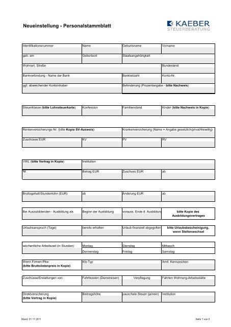 Neueinstellung - Personalstammblatt