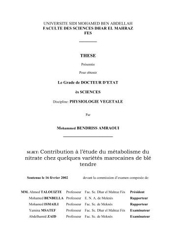 SUJET: Contribution à l'étude du métabolisme du nitrate ... - Toubkal