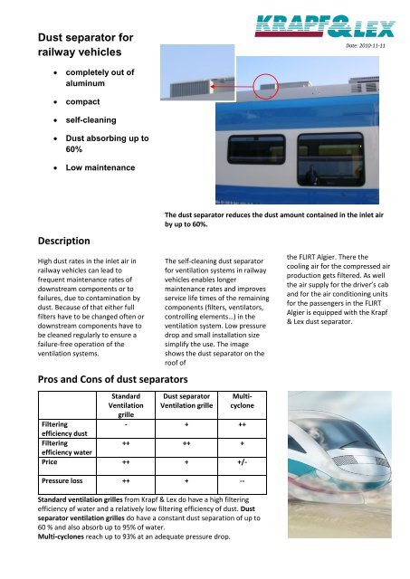 Dust separator for railway vehicles - Krapf & Lex: Home