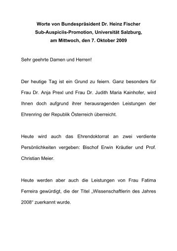 Worte von Bundespräsident Dr. Heinz Fischer Sub-Auspiciis ...