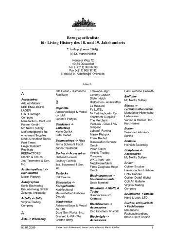 Bezugsquellenliste für Living History des 18. und 19. Jahrhunderts A ...