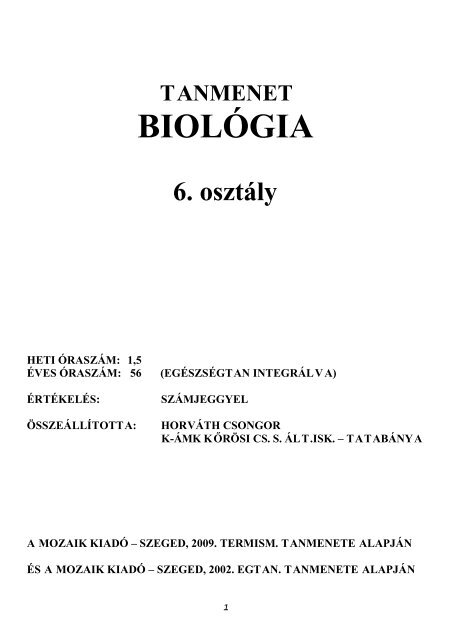 TANMENET BIOLÓGIA 6. osztály