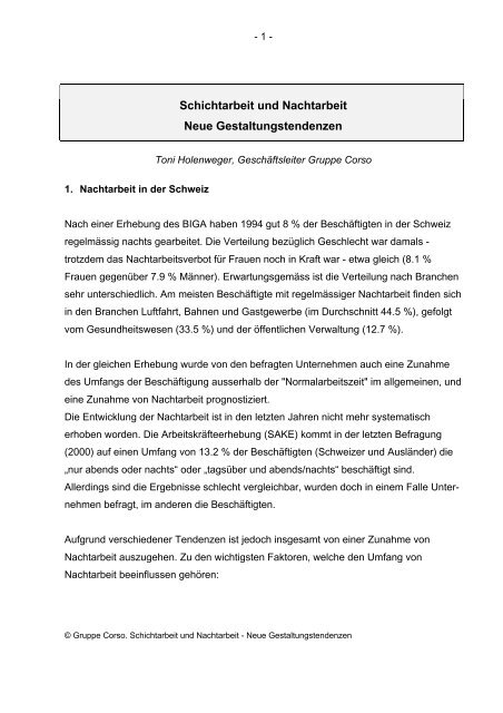 Schichtarbeit und Nachtarbeit Neue ... - bei Gruppe Corso