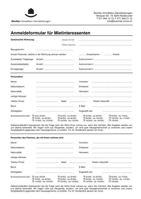 Anmeldeformular für Mietinteressenten - Büchler Immobilien