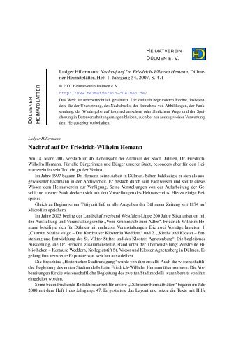 Nachruf auf Dr. Friedrich-Wilhelm Hemann - Dülmener Heimatblätter