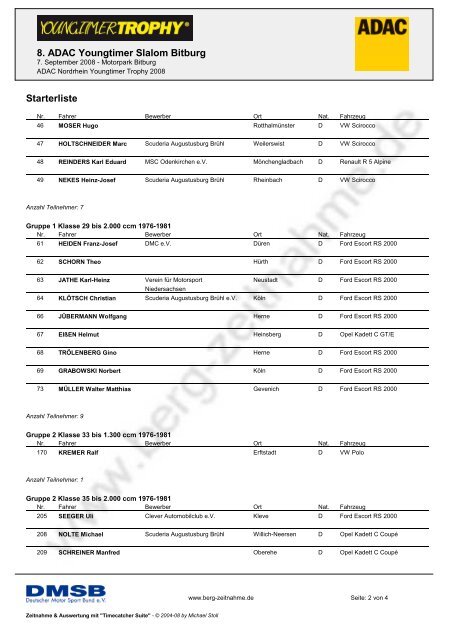 8. ADAC Youngtimer Slalom Bitburg Starterliste - Berg Zeitnahme